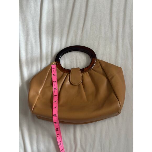 Vintage Tan Smooth Leather Stocko Clutch Purse Handbag Bakelite Lucite Handles - Picture 8 of 13